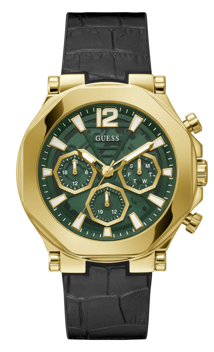 Guess Edge Chronograph Green Dial Black Leather Strap Watch For Men - GW0492G3