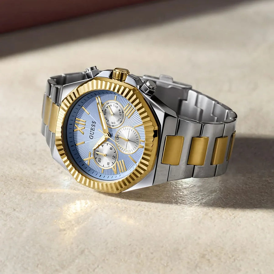 Guess Equity Analog Blue Dial Two Tone Steel Strap Watch For Men - GW0703G3