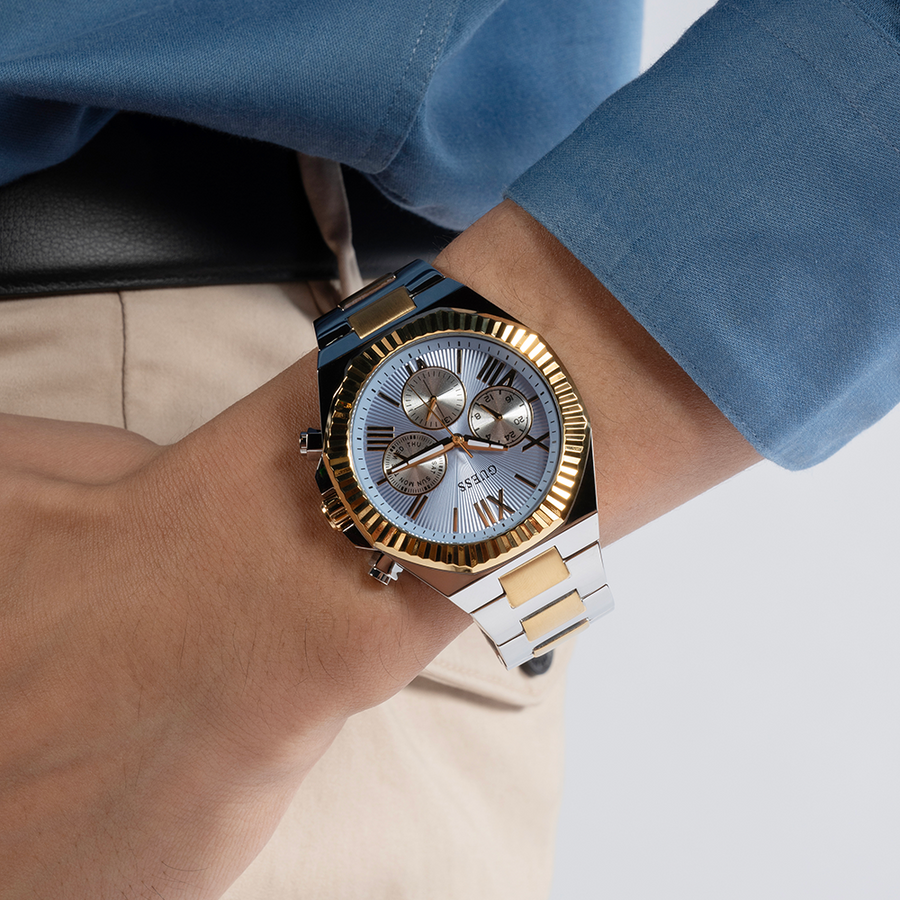 Guess Equity Analog Blue Dial Two Tone Steel Strap Watch For Men - GW0703G3
