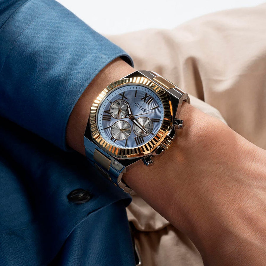 Guess Equity Analog Blue Dial Two Tone Steel Strap Watch For Men - GW0703G3