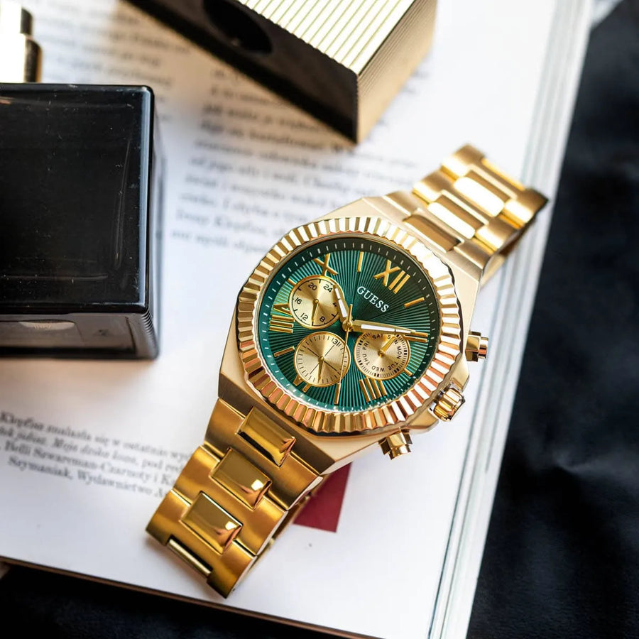 Guess Equity Analog Green Dial Gold Steel Strap Watch For Men - GW0703G2