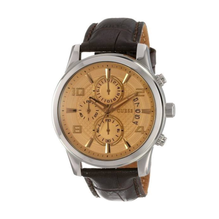 Guess Exec Chronograph Quartz Gold Dial Brown Leather Strap Watch for Men - W0076G3