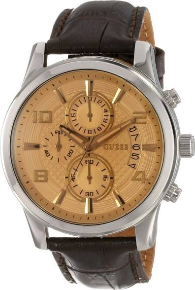 Guess Exec Chronograph Quartz Gold Dial Brown Leather Strap Watch for Men - W0076G3