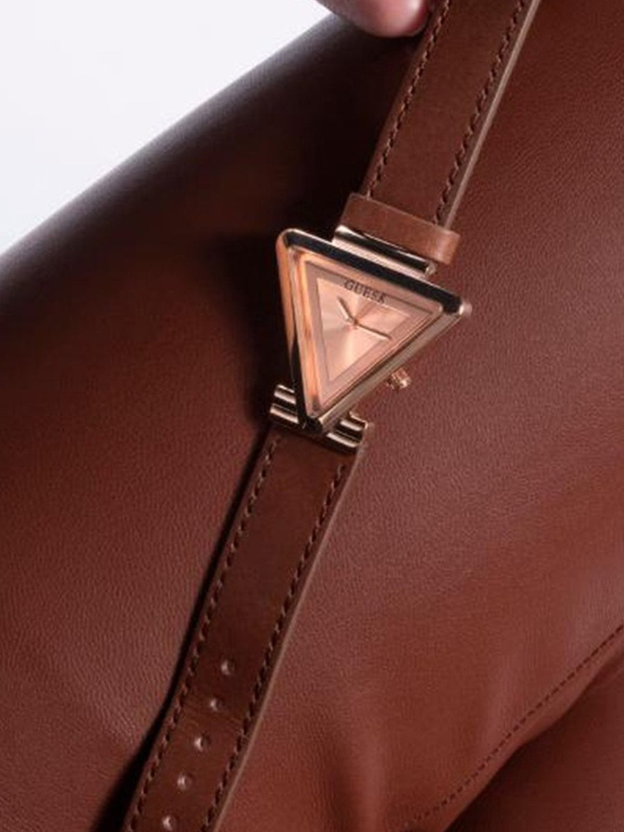 Guess Fame Quartz Rose Gold Dial Brown Leather Strap Watch For Women - GW0548L2