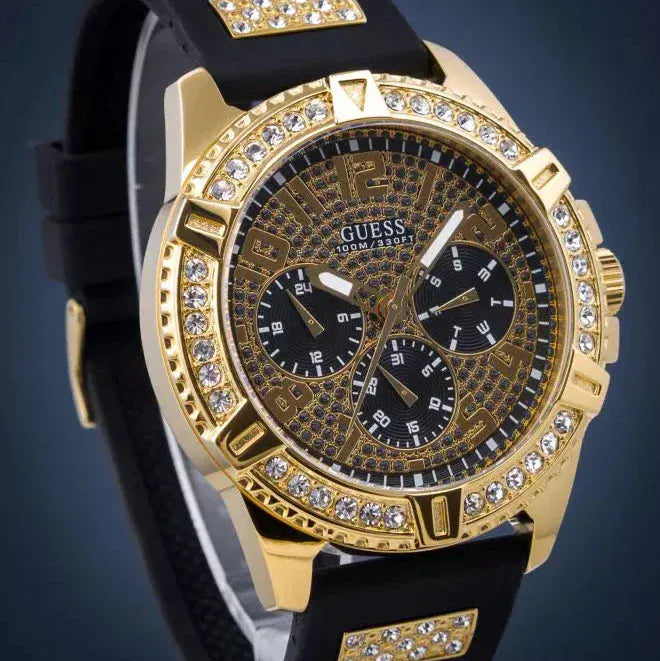 Guess Frontier Crystals Black Dial Black Silicone Strap Watch For Men - W1132G1