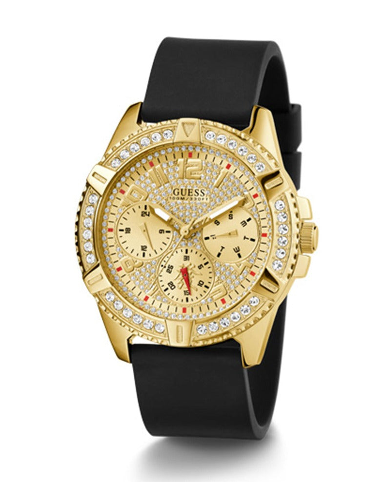 Guess Frontier Diamonds Gold Dial Black Rubber Strap Watch For Women - W1160L1