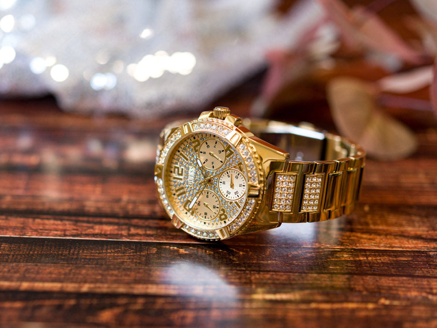 Guess Frontier Diamonds Gold Dial Gold Steel Strap Watch For Women - W1156L2