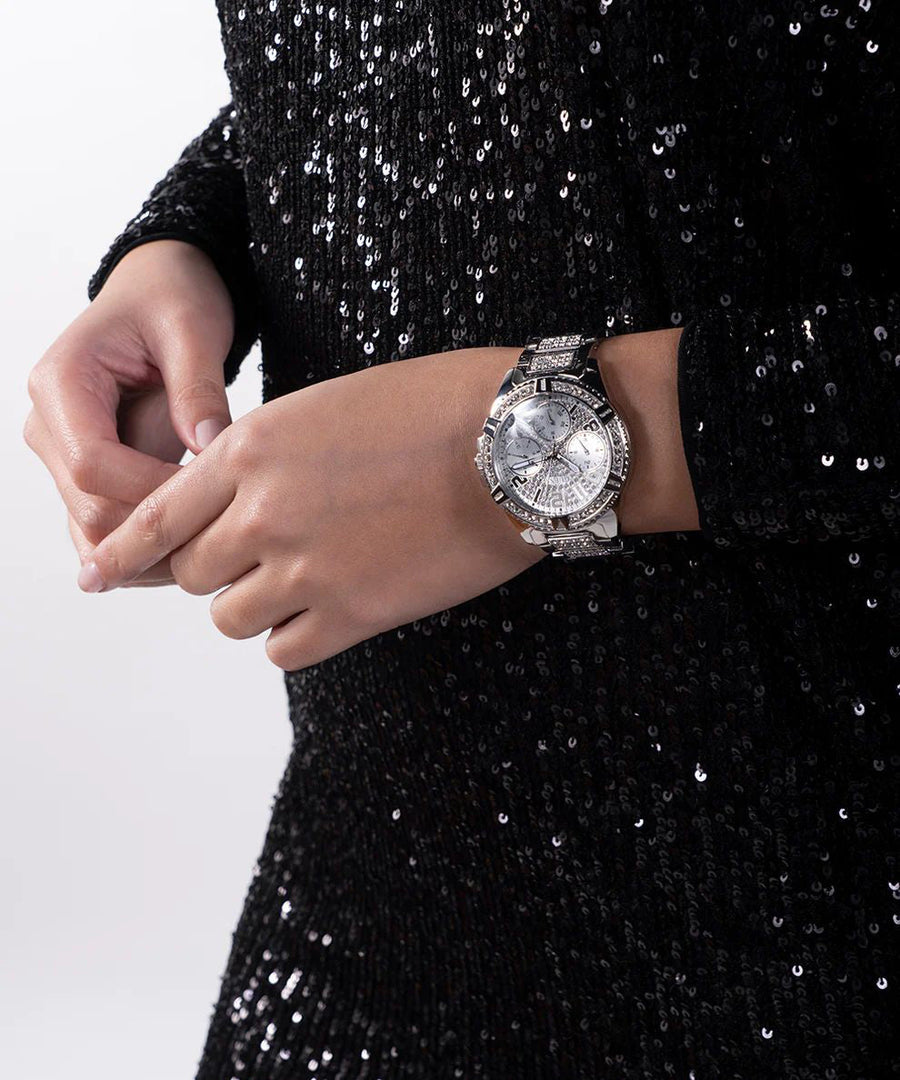 Guess Frontier Diamonds Silver Dial Silver Steel Strap Watch For Women - W1156L1