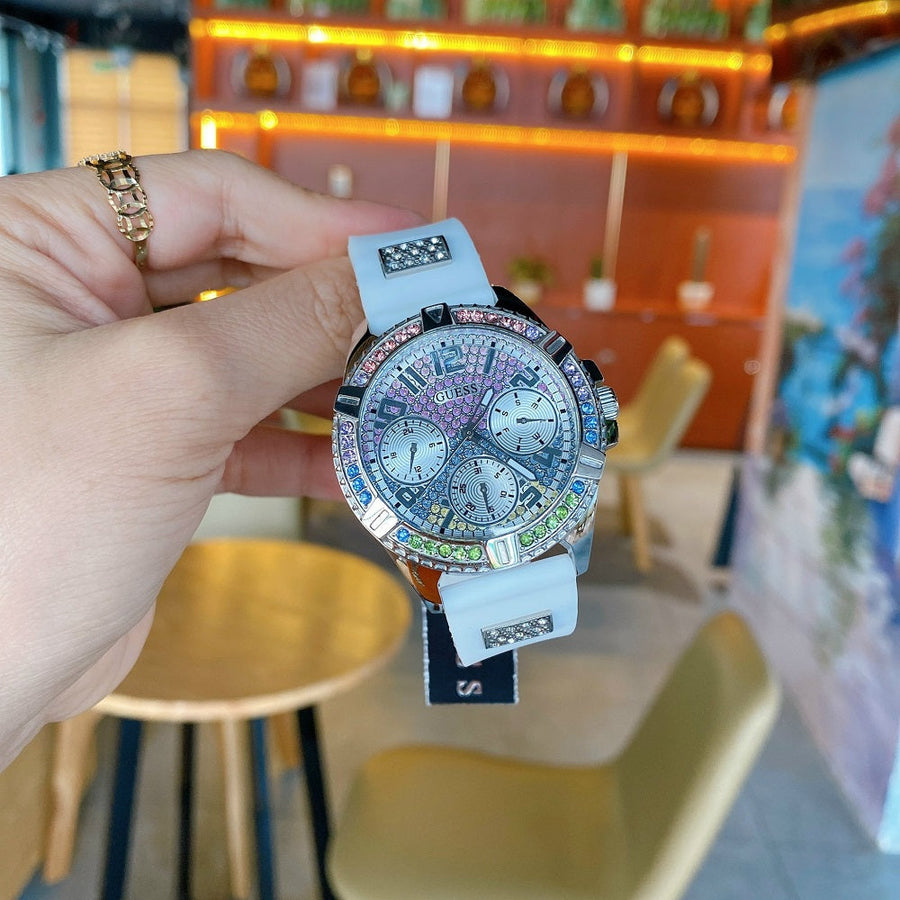 Guess Frontier Diamonds Silver Dial White Rubber Strap Watch for Women - GW0045L1