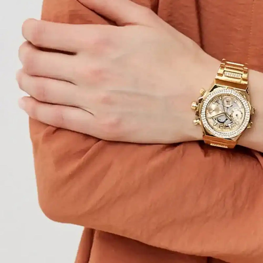Guess Fusion Chronograph Gold Dial Gold Steel Strap Watch for Women - GW0552L2