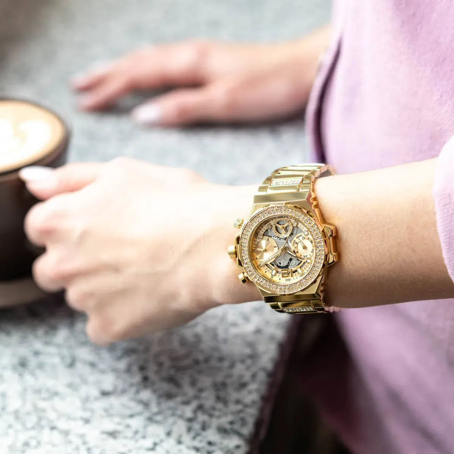 Guess Fusion Chronograph Gold Dial Gold Steel Strap Watch for Women - GW0552L2