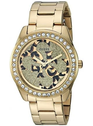 Guess G Twist Diamonds Gold Dial Gold Steel Strap Watch For Women - W1201L2