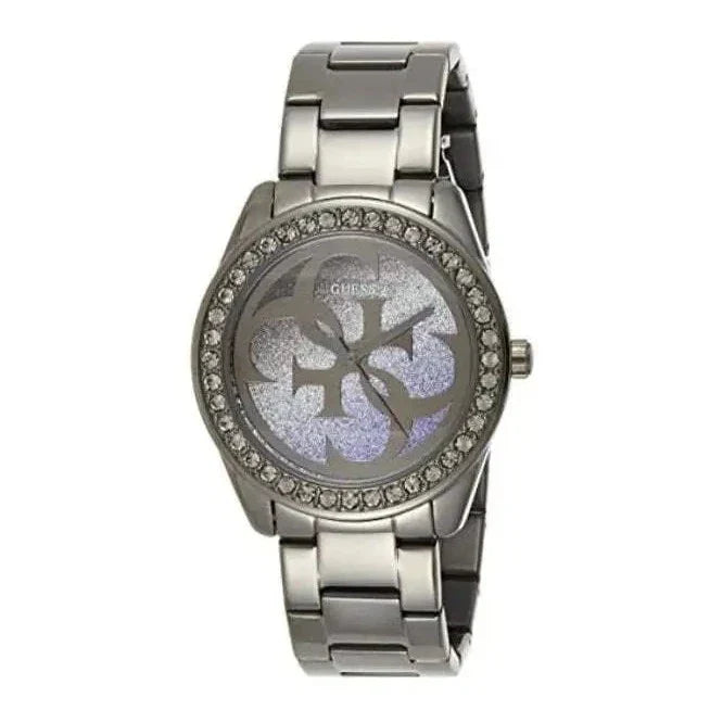 Guess G Twist Diamonds Purple Dial Black Steel Strap Watch For Women - W1201L4