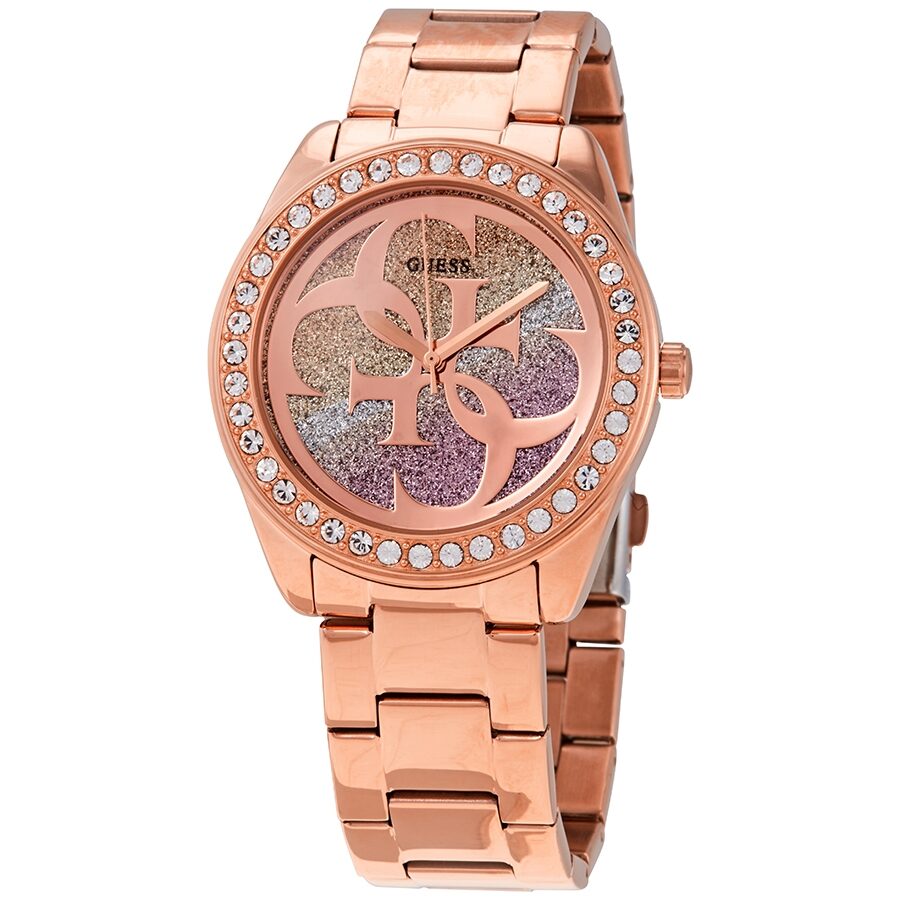Guess G Twist Diamonds Rose Gold Dial Rose Gold Steel Strap Watch For Women - W1201L3