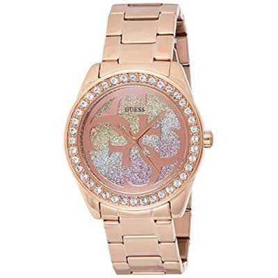 Guess G Twist Diamonds Rose Gold Dial Rose Gold Steel Strap Watch For Women - W1201L3