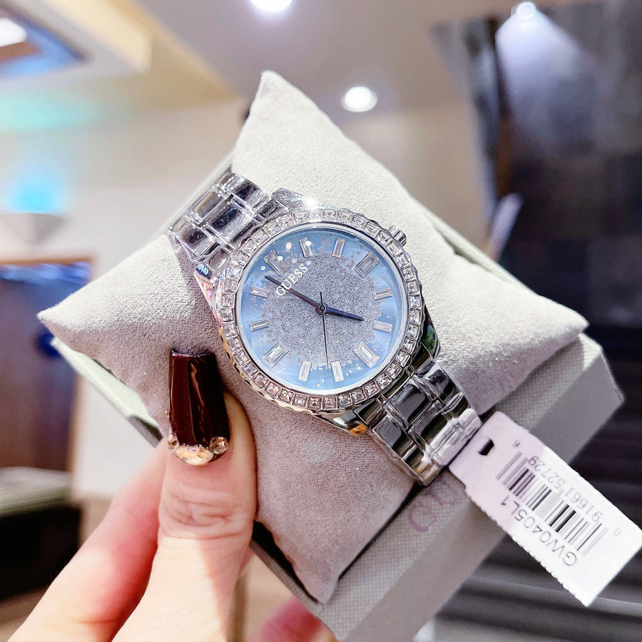 Guess Glitter Burst Diamonds Blue Dial Silver Steel Strap Watch for Women - GW0405L1