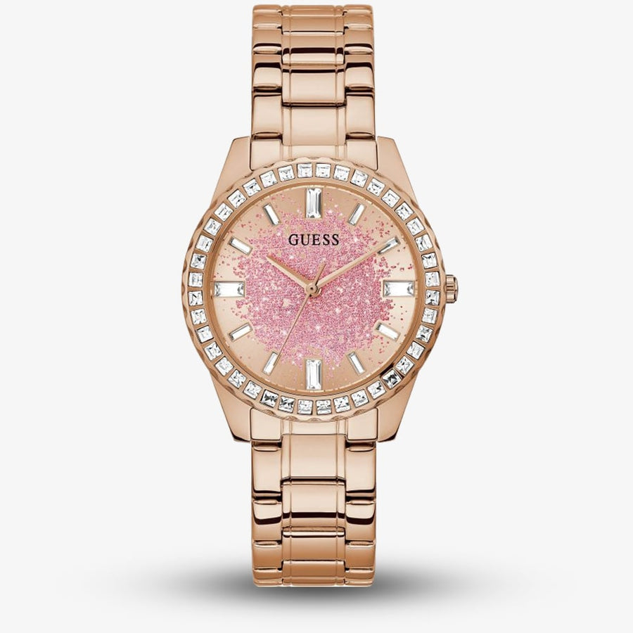 Guess Glitter Diamonds Pink Dial Rose Gold Steel Strap Watch for Women - GW0405L3