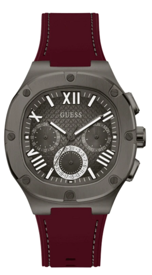 Guess Headline Multifunction Grey Dial Burgundy Silicone Strap Watch For Men - GW0571G4