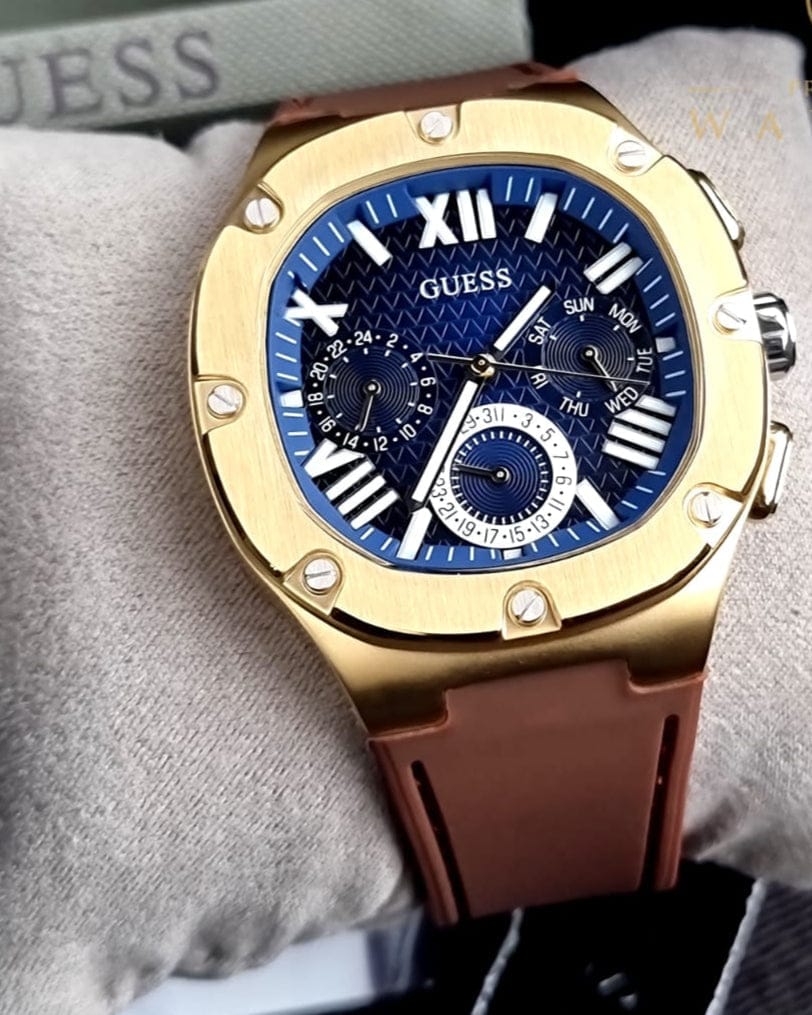 Guess Headline Chronograph Blue Dial Brown Silicone Strap Watch For Men - GW0571G5