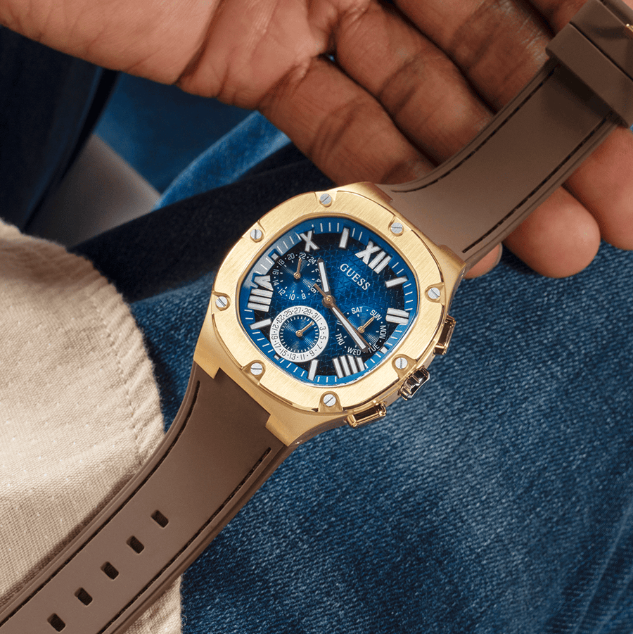 Guess Headline Chronograph Blue Dial Brown Silicone Strap Watch For Men - GW0571G5