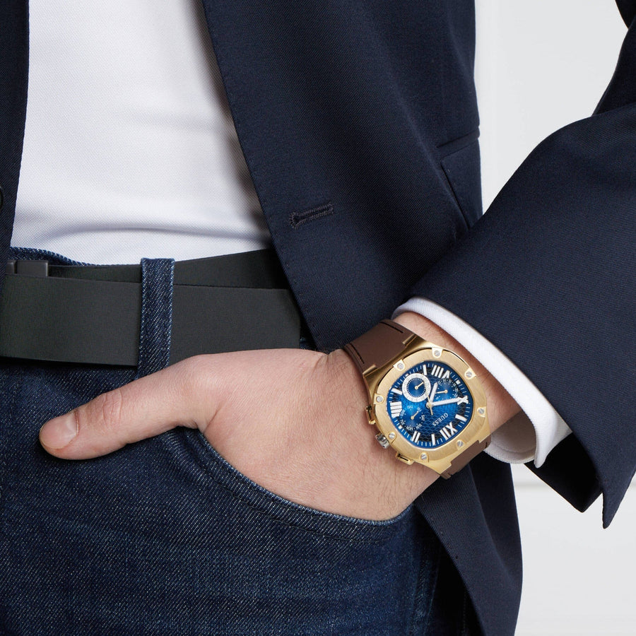 Guess Headline Chronograph Blue Dial Brown Silicone Strap Watch For Men - GW0571G5