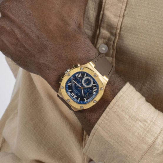 Guess Headline Chronograph Blue Dial Brown Silicone Strap Watch For Men - GW0571G5