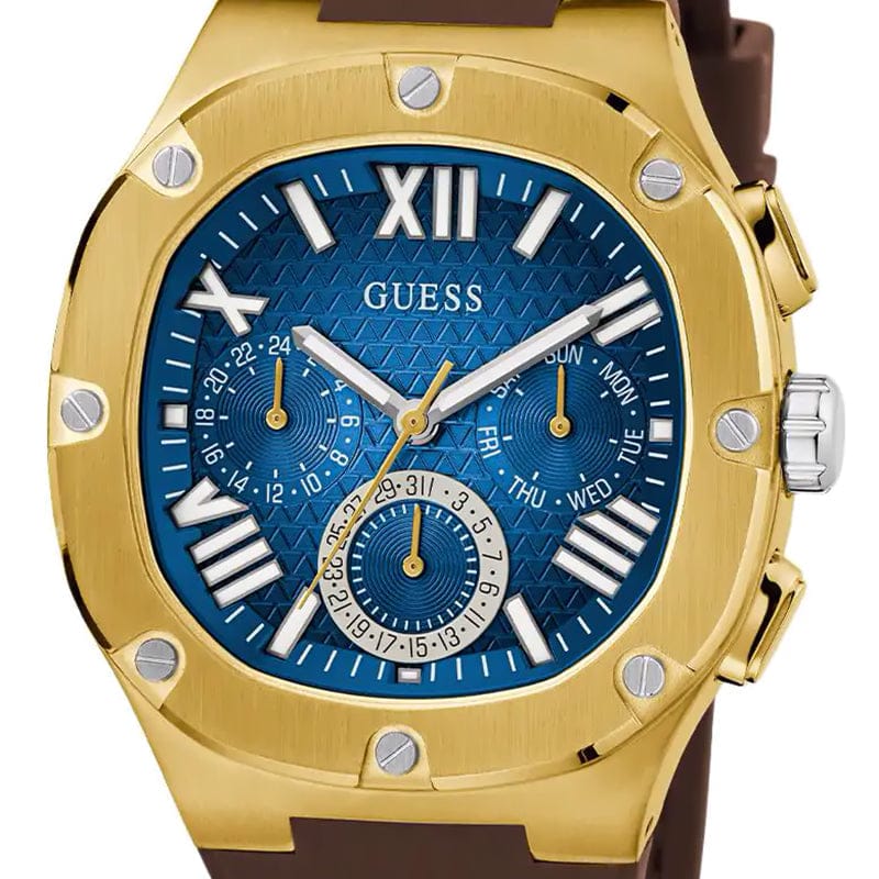 Guess Headline Chronograph Blue Dial Brown Silicone Strap Watch For Men - GW0571G5