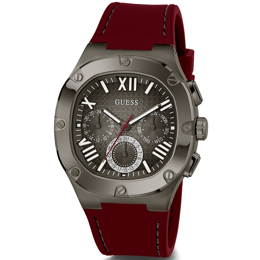 Guess Headline Multifunction Grey Dial Burgundy Silicone Strap Watch For Men - GW0571G4