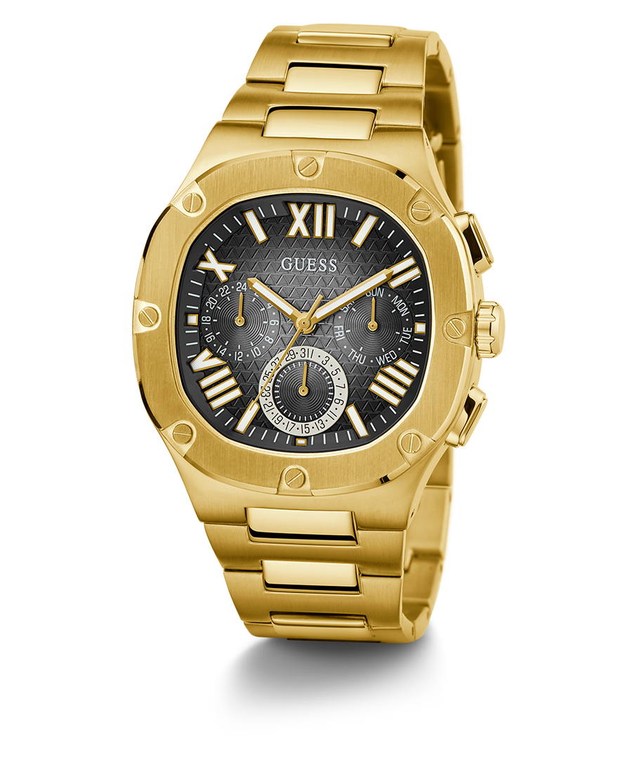 Guess Headliner Multifunction Black Dial Gold Steel Strap Watch For Men - GW0572G2