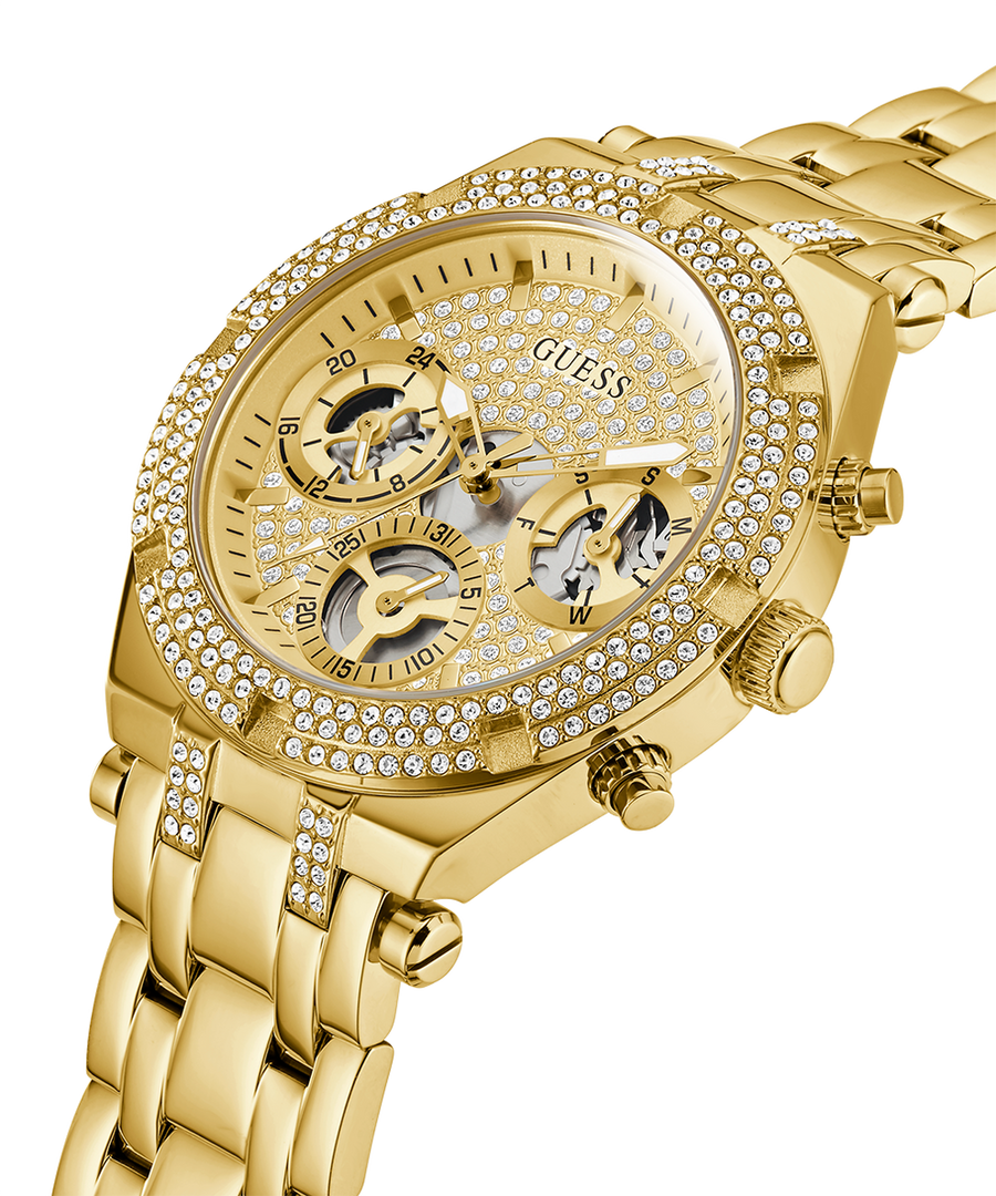 Guess Heiress Multifunction Diamonds Gold Dial Gold Steel Strap Watch for Women - GW0440L2