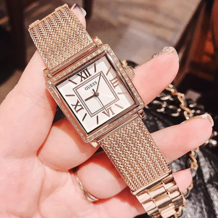 Guess Highline Off White Dial Rose Gold Stainless Steel Mesh Strap Watch For Women - W0826L3