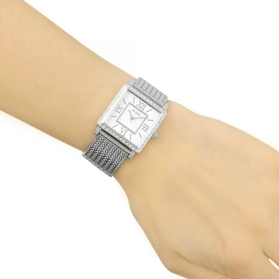 Guess Highline White Dial Silver Mesh Bracelet Watch For Women - W0826L1