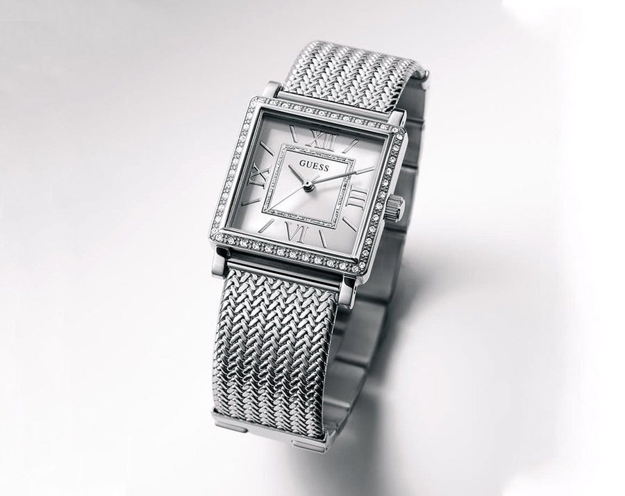 Guess Highline White Dial Silver Mesh Bracelet Watch For Women - W0826L1