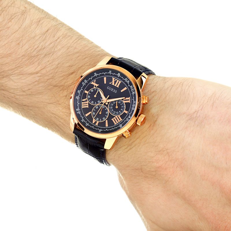 Guess Horizon Chronograph Blue Dial Blue Leather Strap Watch For Men - W0380G5