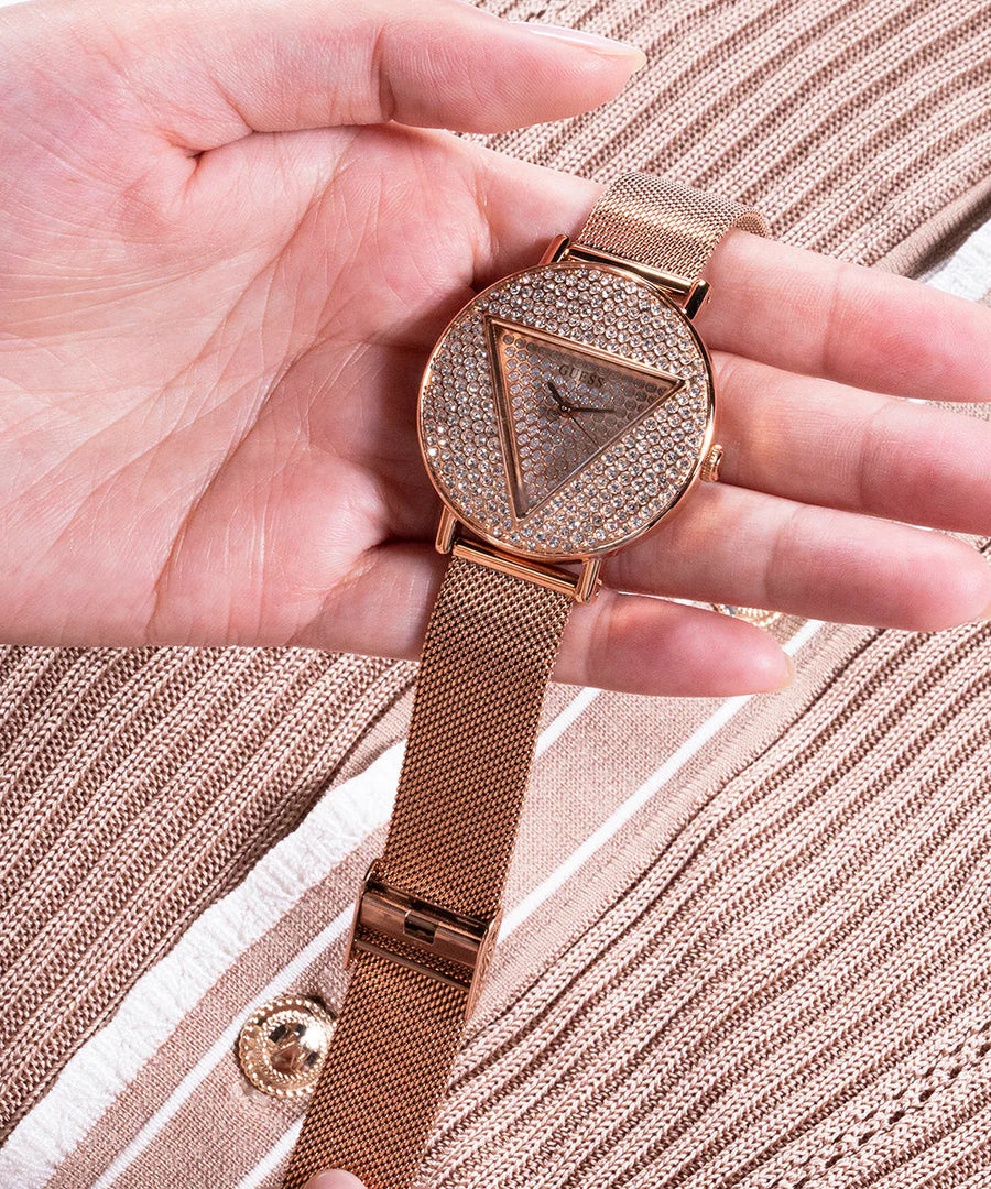 Guess Iconic Diamonds Rose Gold Dial Rose Gold Mesh Bracelet Watch For Women - GW0477L3