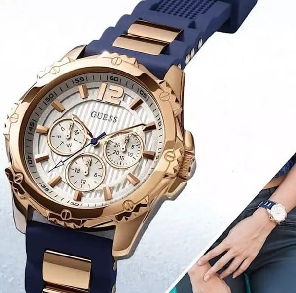Guess Interpid White & Rose Gold Dial Blue Silicone Strap Watch For Women - W0325L8