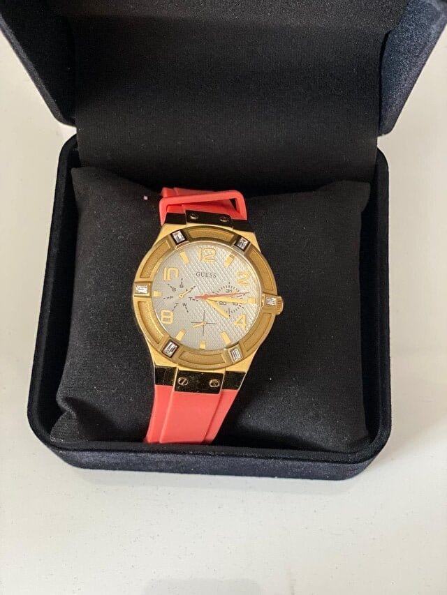 Guess Jet Setter Golden Dial Orange Rubber Watch For Women - W0564L2
