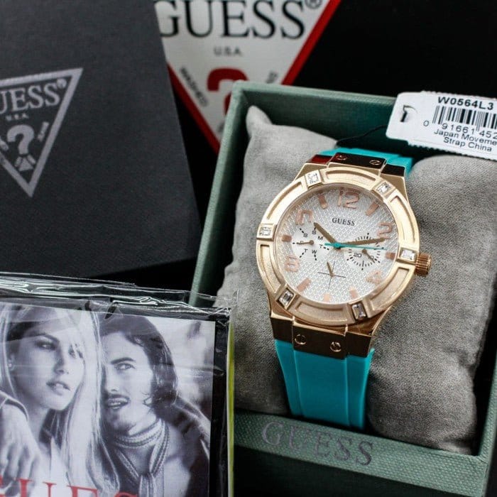 Guess Jet Setter White Dial Turquoise Silicone Strap Watch For Women - W0564L3