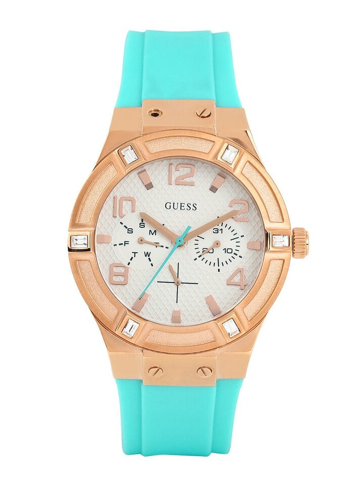 Guess Jet Setter White Dial Turquoise Silicone Strap Watch For Women - W0564L3