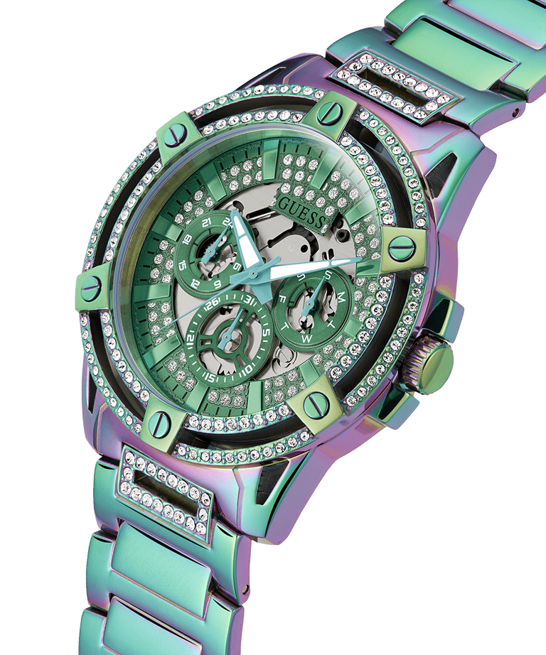 Guess King Iridescent Multifunction Multicolor Dial Purple Steel Strap Watch For Men - GW0497G3