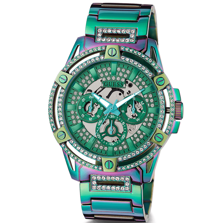 Guess King Iridescent Multifunction Multicolor Dial Purple Steel Strap Watch For Men - GW0497G3