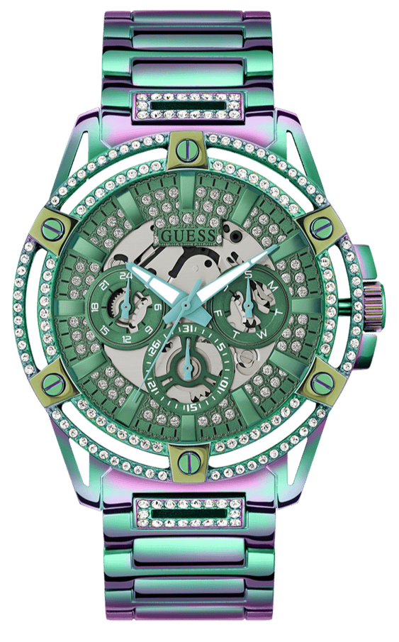 Guess King Iridescent Multifunction Multicolor Dial Purple Steel Strap Watch For Men - GW0497G3