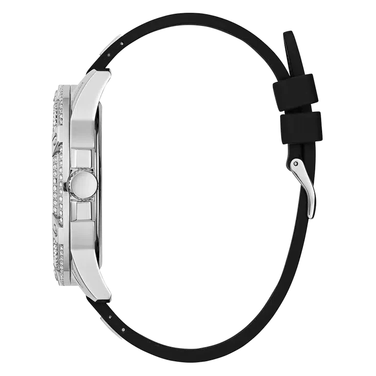 Guess King Quartz Crystals Silver Dial Black Silicone Strap Watch For Men - GW0537G1