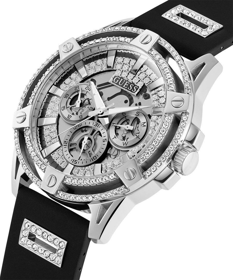 Guess King Quartz Crystals Silver Dial Black Silicone Strap Watch For Men - GW0537G1