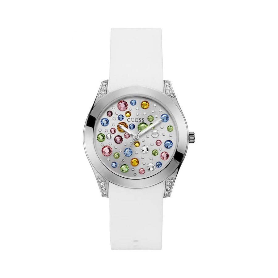 Guess Wanderlust Crystals Silver Dial White Rubber Strap Watch For Women - W1059L3