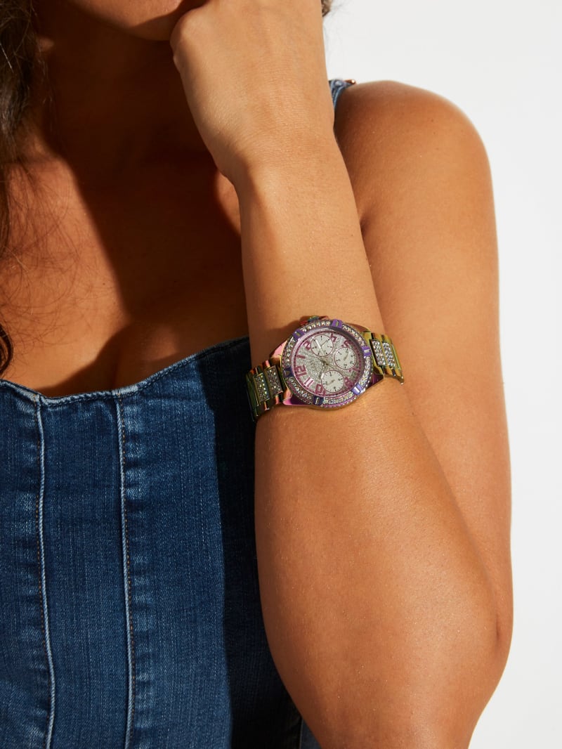 Guess Lady Frontier Diamonds Silver Dial Multicolor Steel Strap Watch for Women - GW0044L1