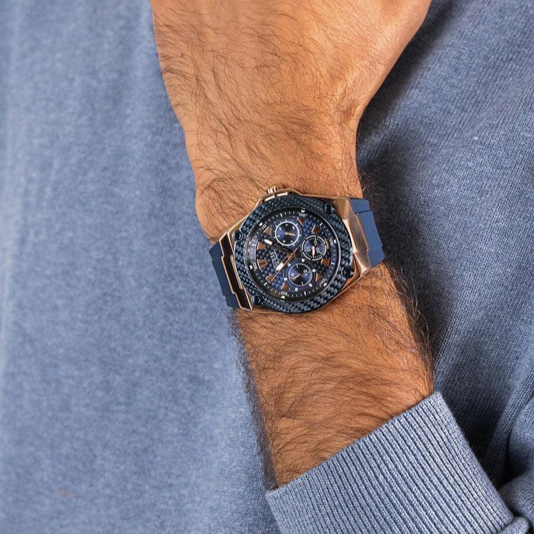 Guess Legacy Chronograph Blue Dial Blue Rubber Strap Watch For Men - W1049G9