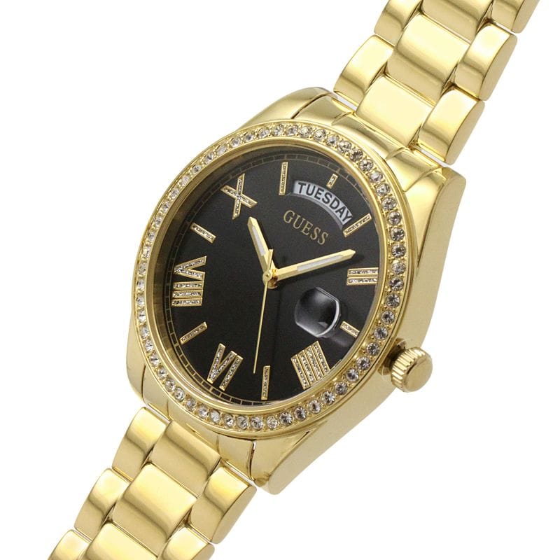 Guess Luna Diamonds Black Dial Gold Steel Strap Watch for Women - GW0307L2