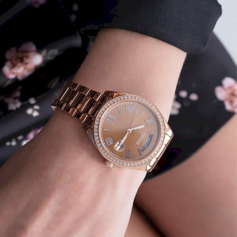 Guess Luna Diamonds Rose Gold Dial Rose Gold Steel Strap Watch for Women - GW0307L3