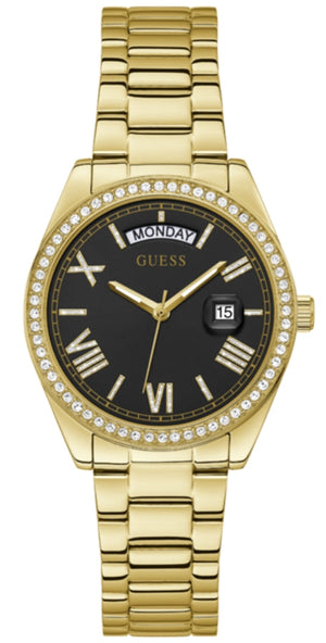 Guess Luna Diamonds Black Dial Gold Steel Strap Watch for Women - GW0307L2